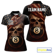 Load image into Gallery viewer, Grunge Vintage US Flag Skull Pool 8 Ball Women's Billiard Shirt Custom Retro Billiard Team Attire NYN2563
