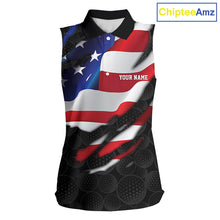 Load image into Gallery viewer, Womens US Flag Golf Polo Shirts Custom Black Golf Ball Pattern American Skull Golf Team Outfits NYN3327