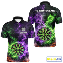 Load image into Gallery viewer, Green And Purple Flames Dartboard &amp; Arrow Men Darts Team Shirt Personalized Dart Polo Jerseys NYN2572