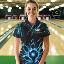 Load image into Gallery viewer, Female bowler wearing Black and Blue Neon bowling ball and pins jersey, custom bowling league apparel
