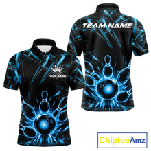 Load image into Gallery viewer, Black and Blue Neon bowling ball and pins men's polo shirt custom bowling team jersey, personalized bowling league shirt, neon bowling apparel