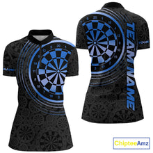 Load image into Gallery viewer, Black &amp; Blue Gradient Dartboard Womens Dart Polo Quarter Zip Shirts Custom Team Name Dart Jerseys NYN3631
