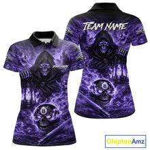 Load image into Gallery viewer, Fire Flames Purple Grim Reaper Skull 8 Ball Pool Women Billiard Shirt Personalized Billiard Team Names NYN2736