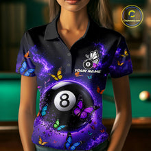 Load image into Gallery viewer, Female billiard player wearing Purple Light 8 Ball Butterfly custom billiard jersey