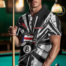 Load image into Gallery viewer, Male Pool Player Wearing Torn US Flag 8 Ball Billiard Shirt, Patriotic Pool League Apparel