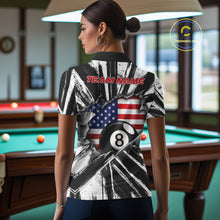 Load image into Gallery viewer, Female billiard player wearing Torn US Flag 8 Ball custom billiard jersey
