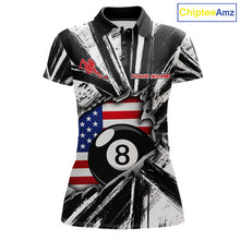 Load image into Gallery viewer, Black White Grunge Torn US Flag Women's Billiard Polo Shirt Custom 8 Ball Pool Jersey