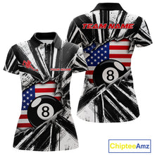 Load image into Gallery viewer, Black White Grunge Torn US Flag Women's Billiard Polo Shirt Custom 8 Ball Pool Jersey