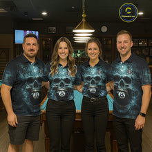 Load image into Gallery viewer, Custom Teal Smoke Grunge Skull Pool 8 Ball Women Billiard Shirt Personalized Ball Billiard Attire NYN2592