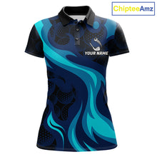 Load image into Gallery viewer, Womens black and blue golf ball pattern polo shirt golf team outfit