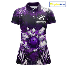 Load image into Gallery viewer, Women's white purple splatter paint bowling ball polo shirt custom bowling jersey mockup