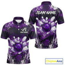 Load image into Gallery viewer, Men's white purple splatter paint bowling ball polo shirt custom bowling jersey mockup