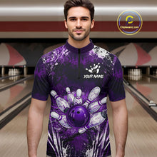 Load image into Gallery viewer, Man wearing white purple splatter bowling ball shirt custom bowling apparel