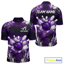 Load image into Gallery viewer, Men's white purple splatter bowling ball quarter zip bowling shirt mockup