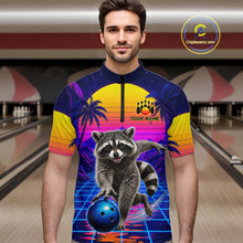 Load image into Gallery viewer, Man wearing funny raccoon bowling shirt custom summer bowling apparel