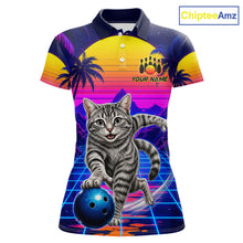 Load image into Gallery viewer, Funny cat bowling polo shirt for women personalized bowling jersey mockup