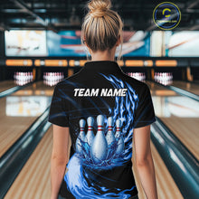 Load image into Gallery viewer, Female model wearing blue water flame bowling ball and pins shirt custom bowling team jersey for league bowlers