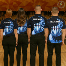 Load image into Gallery viewer, Bowling team wearing blue water flame bowling ball and pins shirts custom bowling team jerseys