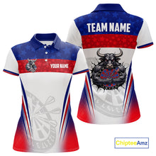 Load image into Gallery viewer, Women's funny bull American flag dart polo shirt mockup patriotic dart jersey