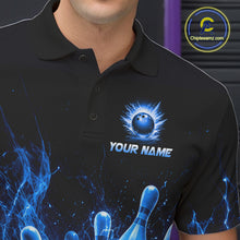 Load image into Gallery viewer, Male bowler wearing Blue Flames Bowling Ball and Pins bowling jersey during league competition