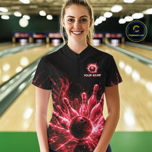 Load image into Gallery viewer, Female bowler wearing Red Flames Bowling Ball and Pins bowling jersey in tournament competition