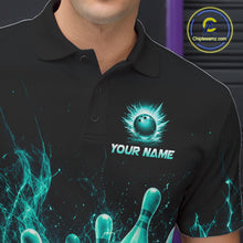Load image into Gallery viewer, Male bowler wearing Teal Flames Bowling Ball and Pins bowling shirt during bowling league play