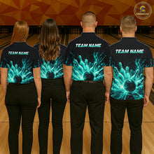 Load image into Gallery viewer, Men women bowling team wearing Teal Flames bowling uniforms and custom bowling team apparel