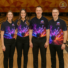 Load image into Gallery viewer, Men women bowling team wearing Colorful Flames custom bowling uniforms and league bowling jerseys