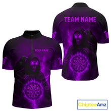 Load image into Gallery viewer, Custom Purple Flames Raven Grim Reaper Dartboard Dart 1/4-Zip Shirt For Men Dart Outfit Jersey NYN1453