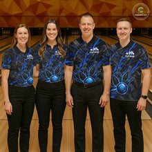 Load image into Gallery viewer, Black And Blue Strikes Grunge Bowling Polo &amp; 1/4-Zip Shirt For Women Custom Thunder Bowling Team Jersey NYN3267