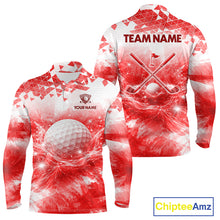 Load image into Gallery viewer, Red men's golf long sleeves polo shirt with water splash golf ball design, custom golf team shirt, men's golf apparel, tournament golf clothing