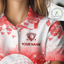 Load image into Gallery viewer, Female golfer wearing blue water splash golf polo shirt, golf ball golf apparel, women's golf outfit