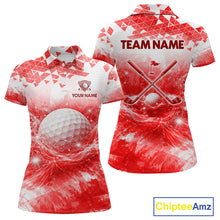Load image into Gallery viewer, Red women's golf polo shirt with water splash golf ball design, custom golf team shirt, ladies golf apparel, tournament golf clothing