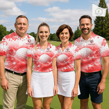 Load image into Gallery viewer, Men women golf team wearing matching blue water splash golf polo shirts, custom golf team uniforms, golf league apparel