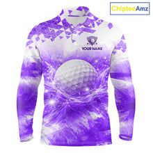 Load image into Gallery viewer, Purple men's golf long shirt polo shirt with water splash golf ball pattern, men's golf apparel, custom golf team clothing, golf league shirt