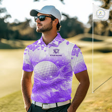 Load image into Gallery viewer, Male golfer wearing purple water splash golf polo shirt, men's golf clothing, custom golf apparel