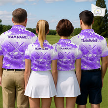Load image into Gallery viewer, Men women golf team wearing matching purple water splash golf polo shirts, golf team uniforms, men's golf apparel