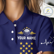Load image into Gallery viewer, Female golfer wearing yellow blue grunge American flag golf polo shirt, patriotic golf clothing, golf tournament outfit