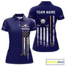 Load image into Gallery viewer, Women's grunge US flag golf polo shirt, yellow and blue patriotic golf apparel, golf team uniform, American flag golf shirt