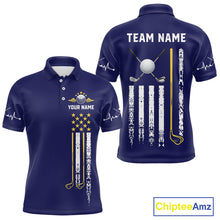 Load image into Gallery viewer, Men's grunge US flag golf polo shirt, yellow and blue patriotic golf apparel, golf team uniform, American flag golf shirt