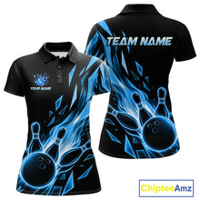 Load image into Gallery viewer, Fire Flame Bowling Ball And Pins Bowling Polo Shirt For Women Custom Blue Broken Glass Bowling Team Jersey