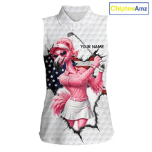 Load image into Gallery viewer, Funny Flamingo Ladies Golf White Womens Patriot Golf Sleeveless Polo Shirts Custom US Flag Golf Gifts NYN3149