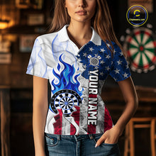 Load image into Gallery viewer, Blue Flaming Dartboard Custom US Flag Smoke Women Dart Polo &amp; 1/4-Zip Shirt Gifts For Dart Players NYN3339