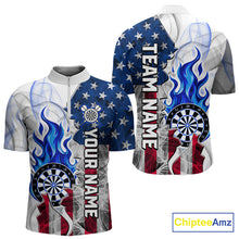 Load image into Gallery viewer, Blue flaming dartboard smoke dart 1/4-zip shirt for men custom dart clothing