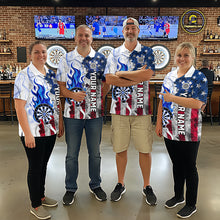 Load image into Gallery viewer, Blue Flaming Dartboard Custom US Flag Smoke Women Dart Polo &amp; 1/4-Zip Shirt Gifts For Dart Players NYN3339