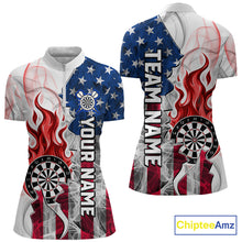 Load image into Gallery viewer, Red flaming dartboard smoke dart 1/4-zip shirt for women custom dart apparel