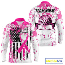 Load image into Gallery viewer, Pink American flag splatter mens golf polo breast cancer golf shirt