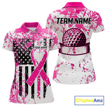 Load image into Gallery viewer, Pink American flag splatter womens golf polo breast cancer golf shirt