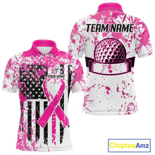 Load image into Gallery viewer, Pink American flag splatter mens golf polo breast cancer golf shirt