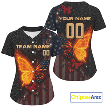 Load image into Gallery viewer, Custom US Flag Patriotic Baseball Shirt For Women Outfit Flame Butterfly Baseball Jerseys NYN1330